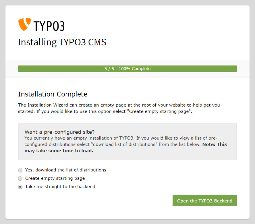 Typo3 CMS Installation Complete