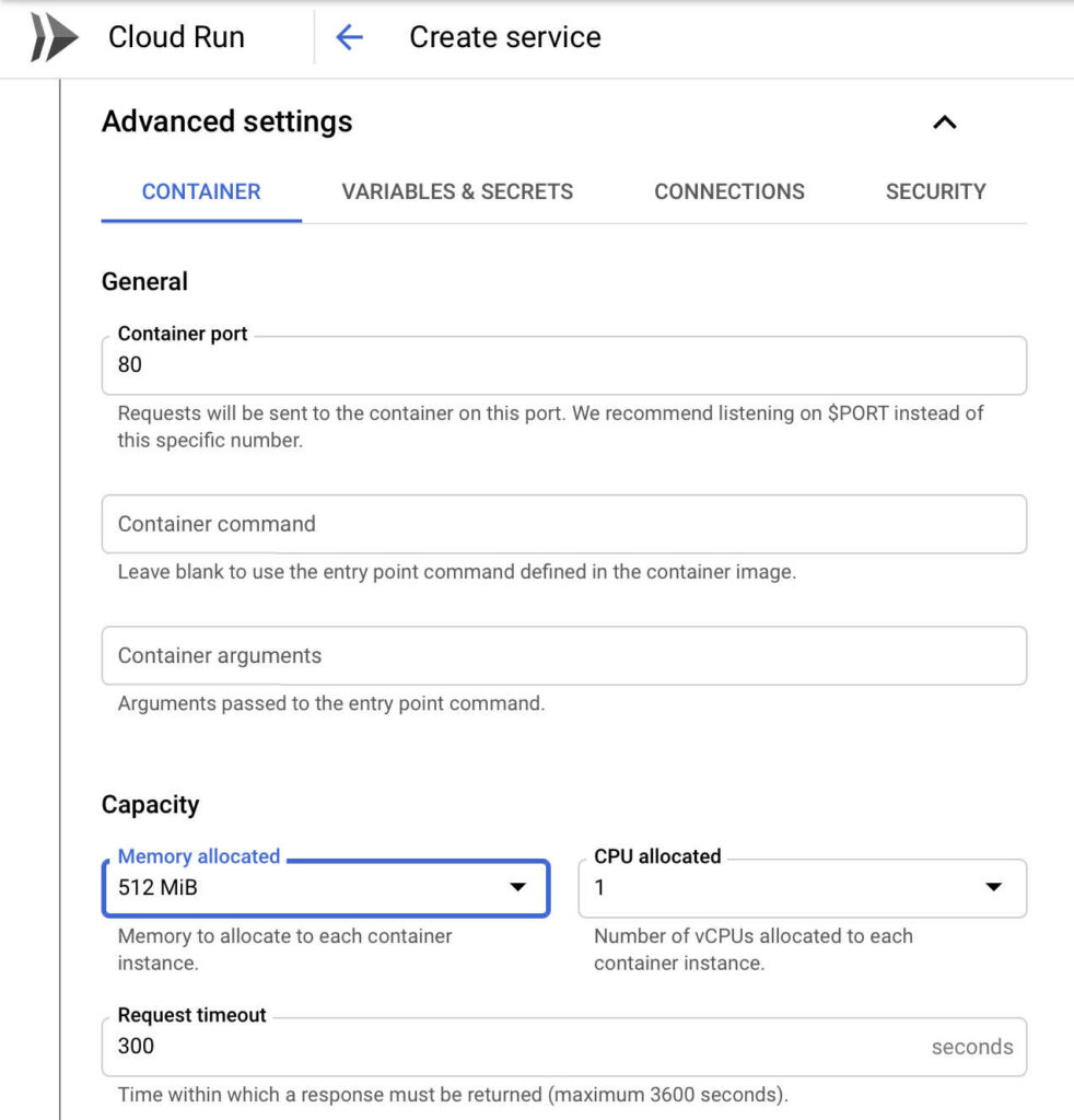 Cloud Run Port Settings